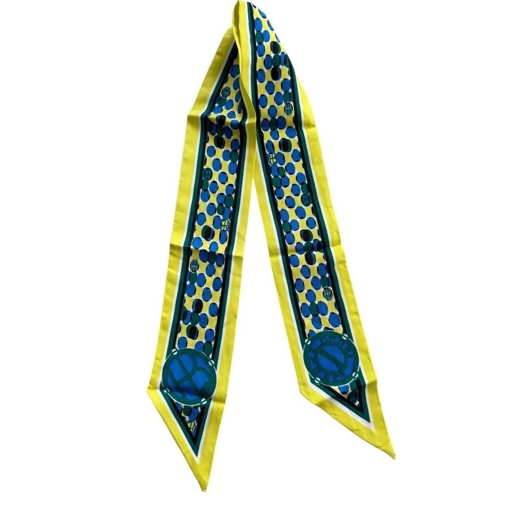 Henri Bendel 100% Silk Skinny Scarf Cobalt Blue Geometric Print NWOT w/ Dust Bag
